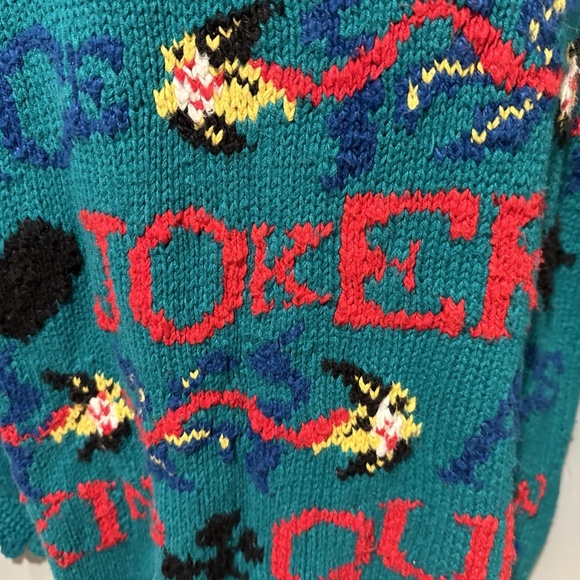 Teal Vegas Sweater Hand Knit Cotton Crochet Cuff Queen King Jack Joker Gambler - Picture 6 of 9
